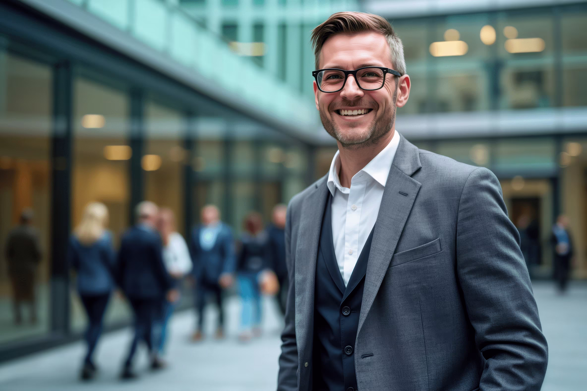 Confident businessman wearing glasses and a gray suit smiling outdoors in a modern office complex.