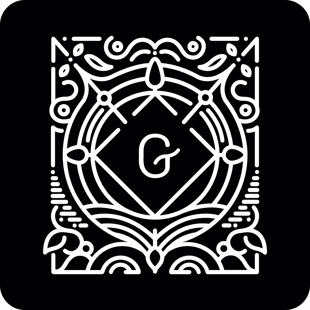 Intricate white ornamental emblem featuring a central letter “G” within layered geometric and floral linework on a solid black background.