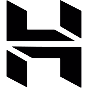 Black geometric logo of four angular shapes forming an abstract “H” design on a transparent background.