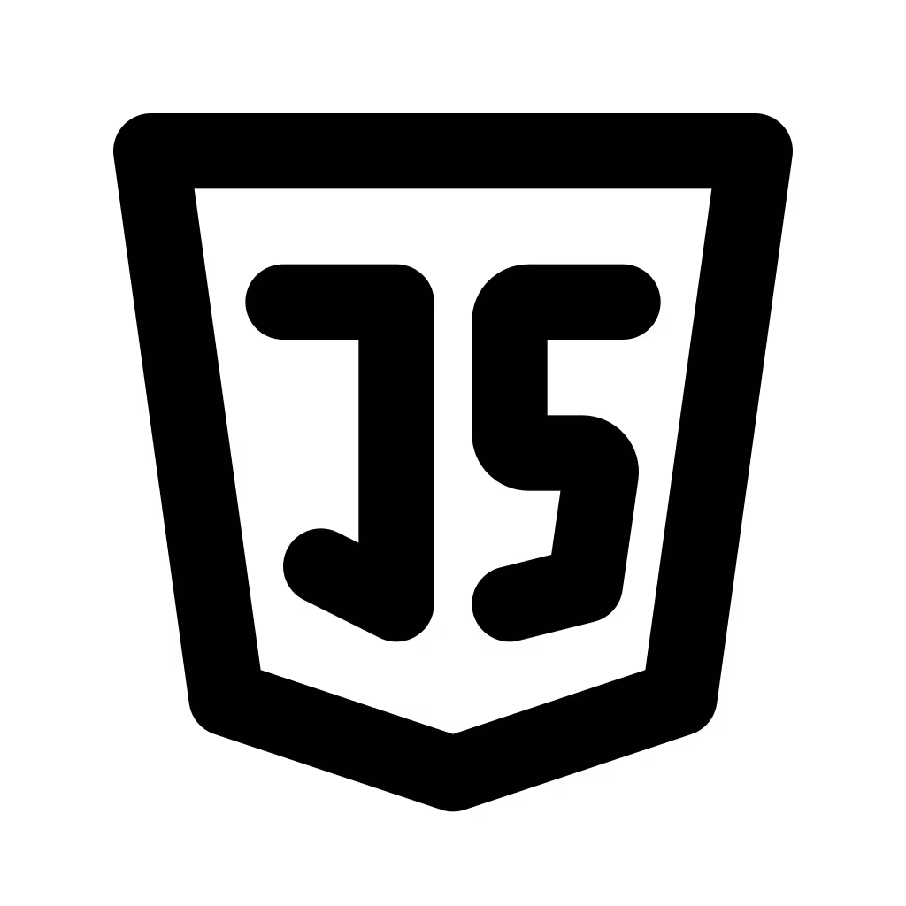 Black JavaScript logo with “JS” lettering inside a rounded shield shape on a transparent background.