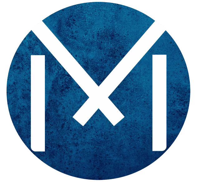 Blue circular logo with a white geometric “M” shape design on a textured background.