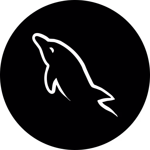 Black circular icon with white dolphin silhouette on a transparent background.