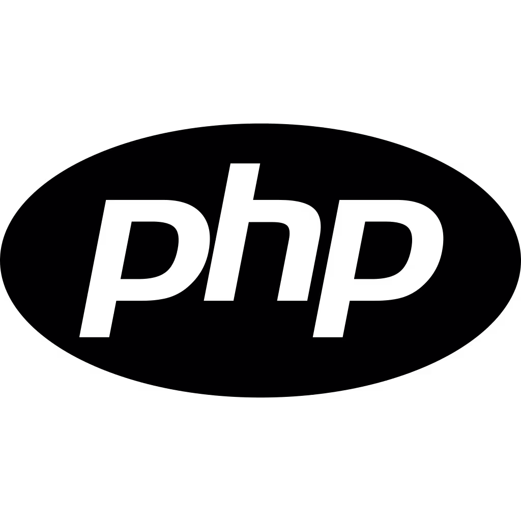 Black PHP logo with lowercase white “php” text inside an oval shape on a transparent background.