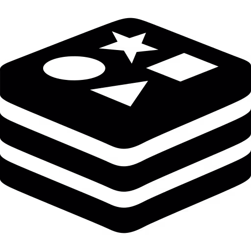 Black stacked database icon featuring geometric shapes—a circle, star, square, and triangle—on a transparent checkered background.