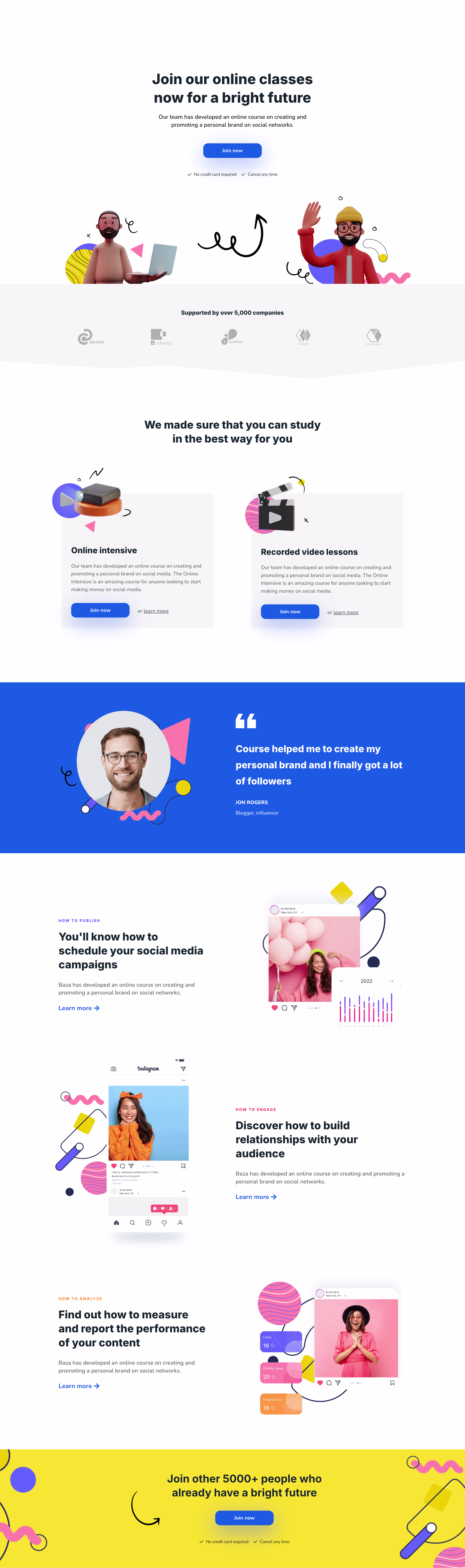 Vibrant landing page design for an online education platform featuring course details, testimonials, and illustrated learning sections.