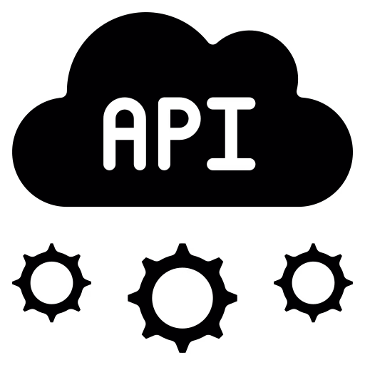 Black cloud icon labeled “API” above three black gear symbols on a transparent checkered background.