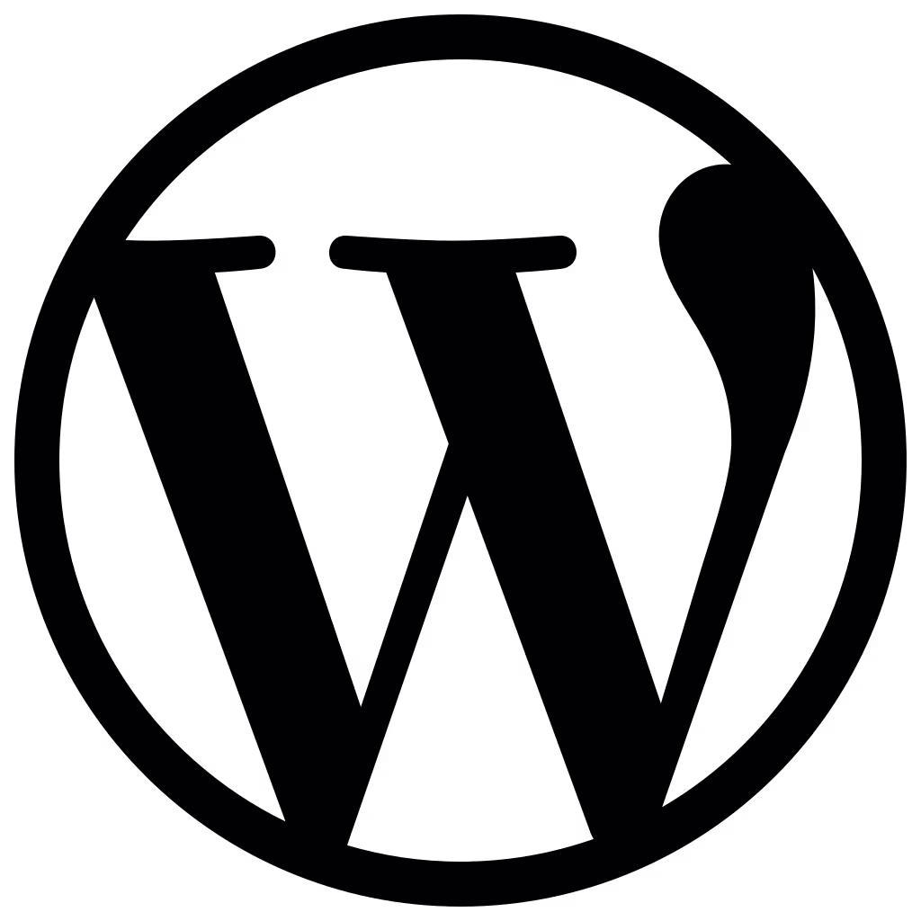 Black circular WordPress logo with stylized “W” letter design on a transparent background.